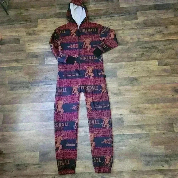 Fireball Whiskey Holiday One Piece Zip-Up Pajamas Size Large - Picture 1 of 10